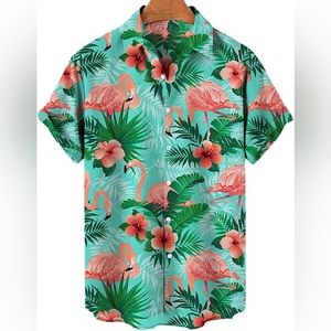 Golf Flamingo Floral Hawaiian Print Polo Shirt Men's Size LARGE
